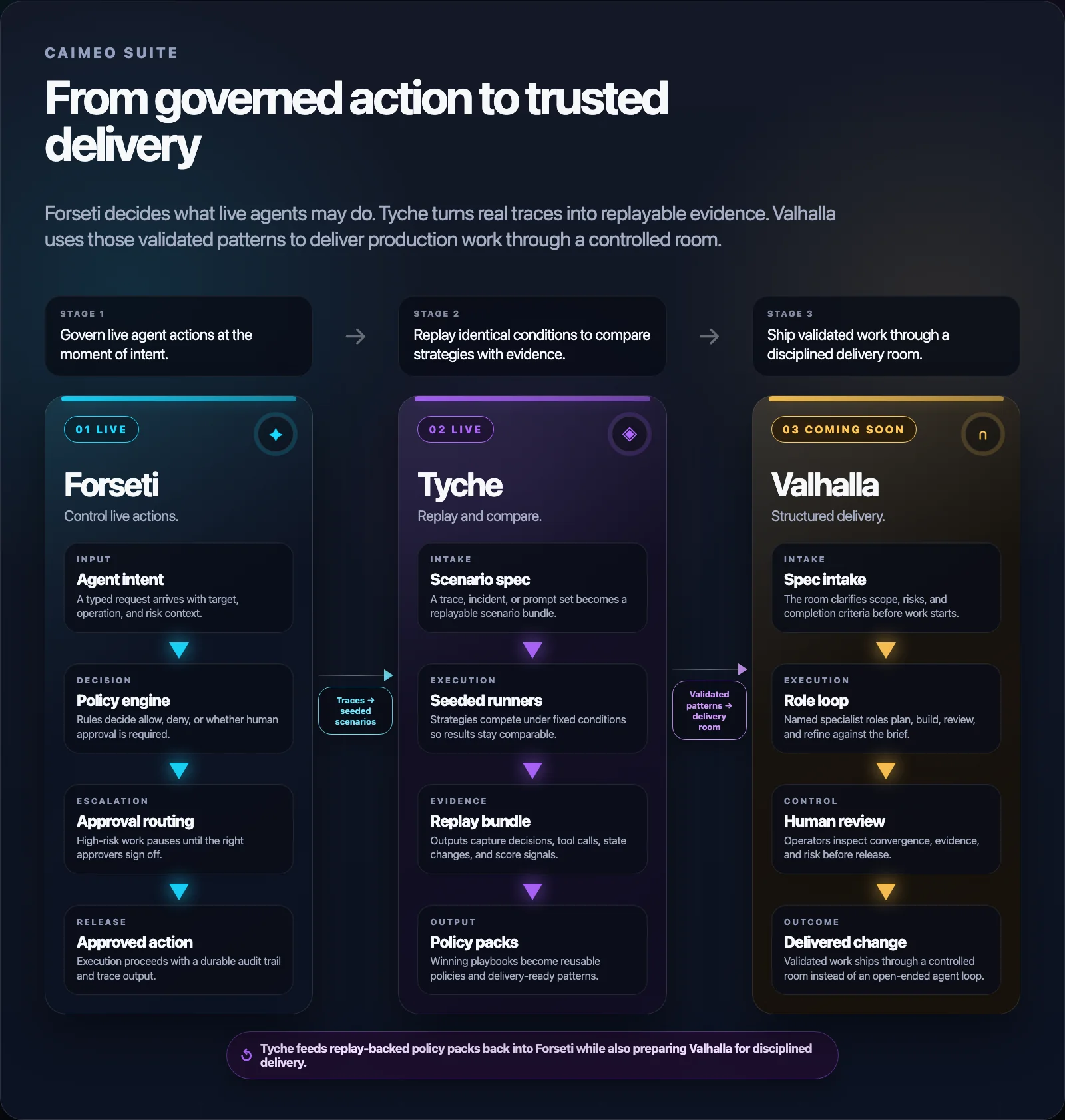 Caimeo suite architecture diagram showing a three-stage pipeline. Forseti governs live agent actions through intent, policy, approval, and release. Tyche turns those traces into seeded scenarios, runs deterministic comparisons, and outputs replay-backed policy packs. Valhalla takes validated patterns into a structured delivery room with intake, role loops, review, and shipped change.