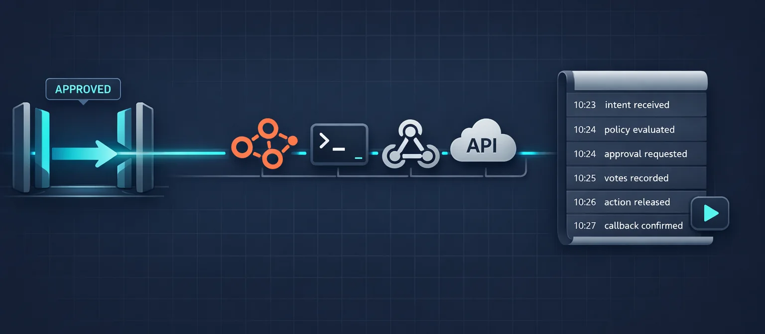 Horizontal illustration on dark navy background, 640x280px. LEFT: a glowing cyan execution gate icon in the open position - two vertical bars lifting to allow a cyan arrow through. A small "APPROVED" tag floats above it. CENTER: the released action flowing into four downstream runtime icons arranged in a compact row - n8n logo mark, a terminal/CLI prompt, a webhook symbol, and a REST API connector. Each runtime has a thin connecting line from the gate. RIGHT: a vertical audit-log scroll with 5–6 stacked horizontal trace entries, each with a small timestamp on the left and labels: "intent received", "policy evaluated", "approval requested", "votes recorded", "action released", "callback confirmed". A small replay/play button is overlayed on the log, suggesting the trace is replayable. Style: clean vector, Forseti cyan accents, subtle dark grid backdrop, enterprise polish.
