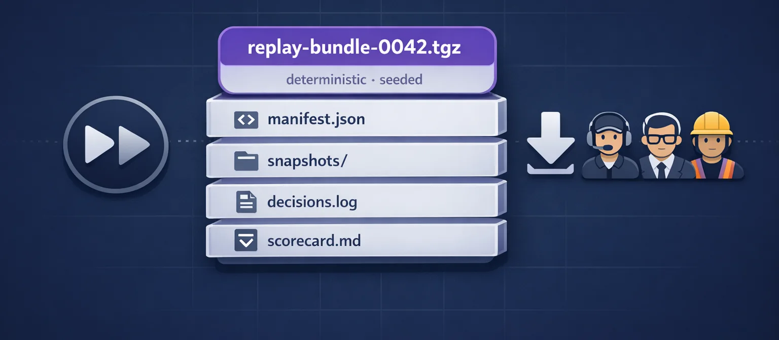 Horizontal illustration on dark navy background, 640x280px. CENTER: a stylized "bundle" card shown as a stacked set of 4 layered rectangles with a slight 3D depth shadow, labeled on the top one "replay-bundle-0042.tgz". Each stacked layer has a tiny label: manifest.json, snapshots/, decisions.log, scorecard.md. To the LEFT of the bundle: a small play/rewind button suggesting it can be replayed locally. RIGHT: a download arrow icon and three small persona avatars (operator, auditor, engineer) indicating the bundle is meant to be handed to humans for review. A faint dotted "deterministic · seeded" tag sits under the bundle title. Style: clean vector, Tyche purple accents, depth without skeuomorphism, enterprise polish.