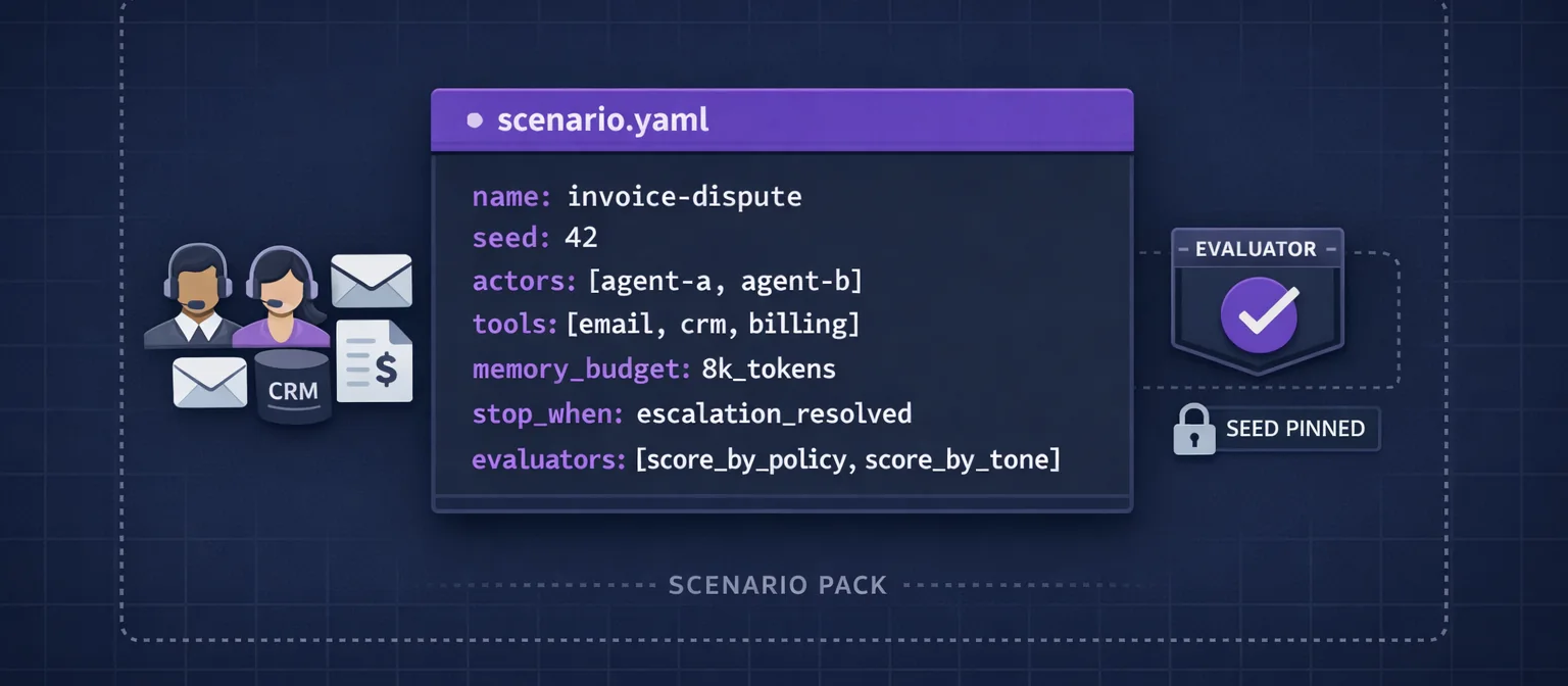 Horizontal illustration on dark navy background, 640x280px. CENTER: a floating YAML-style spec card rendered with Tyche purple (#a855f7) accents. The card has a title bar reading "scenario.yaml" and shows about 10 monospace lines - name: invoice-dispute, seed: 42, actors: [agent-a, agent-b], tools: [email, crm, billing], memory_budget: 8k_tokens, stop_when: escalation_resolved, evaluators: [score_by_policy, score_by_tone]. LEFT of the card: three small icons representing the actors (two agent avatars) and tools (email, CRM, billing). RIGHT of the card: a tiny evaluator badge with a checkmark and a deterministic "seed pinned" lock icon. A subtle dotted bounding box around everything labeled "scenario pack" in small uppercase. Style: clean vector, monospace code rendering, Tyche purple as primary accent, dark grid backdrop.