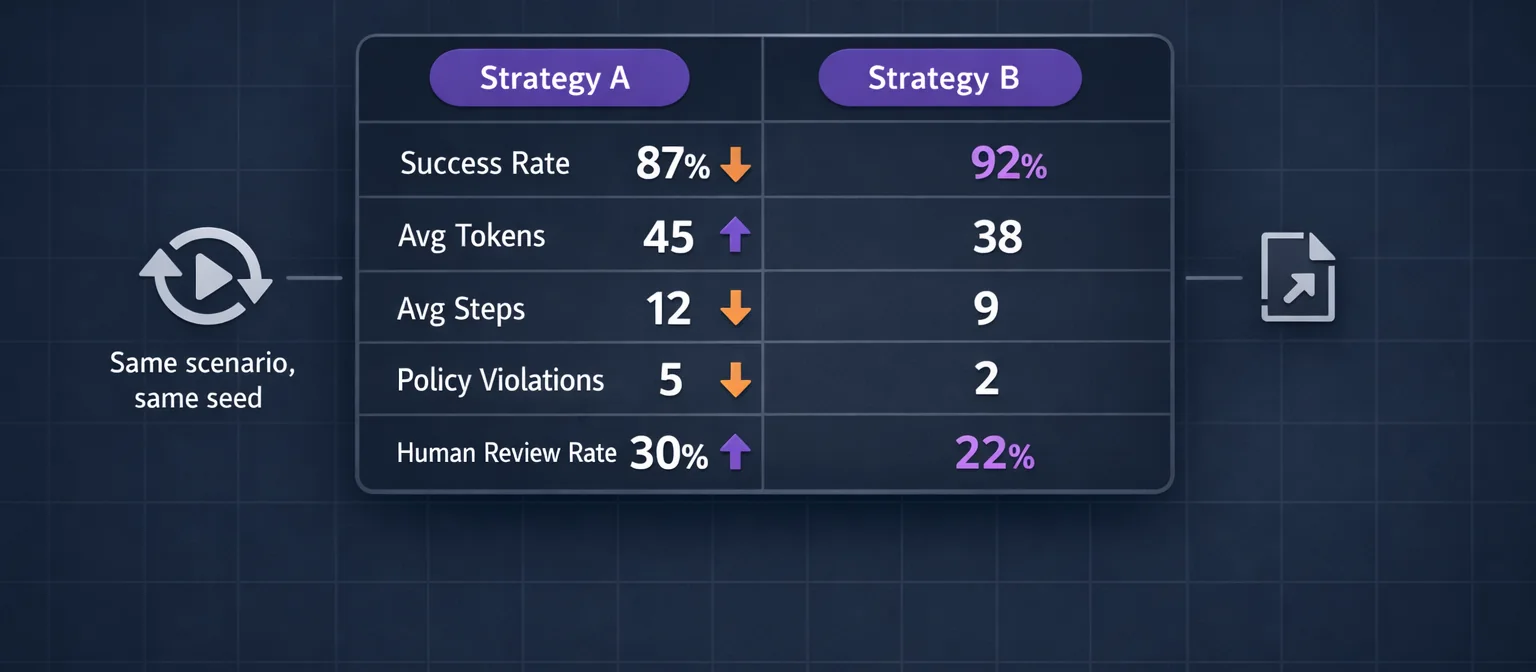 Horizontal illustration on dark navy background, 640x280px. CENTER: a compare-runs grid/table with 2 columns labeled "Strategy A" and "Strategy B" at the top (each in a purple pill). Below the headers are 4–5 rows of small scorecards showing metrics: success rate (A: 87% / B: 92%, with the higher value in brighter purple), avg tokens, avg steps, policy violations, human-review rate. A small delta indicator (up/down arrow in purple/amber) sits between each metric pair. LEFT: a miniature play/loop icon labeled "same scenario, same seed". RIGHT: a small "export" icon next to the grid hinting at the next step. Style: clean vector, monospace numeric values, Tyche purple accents, dark grid backdrop, premium B2B feel.