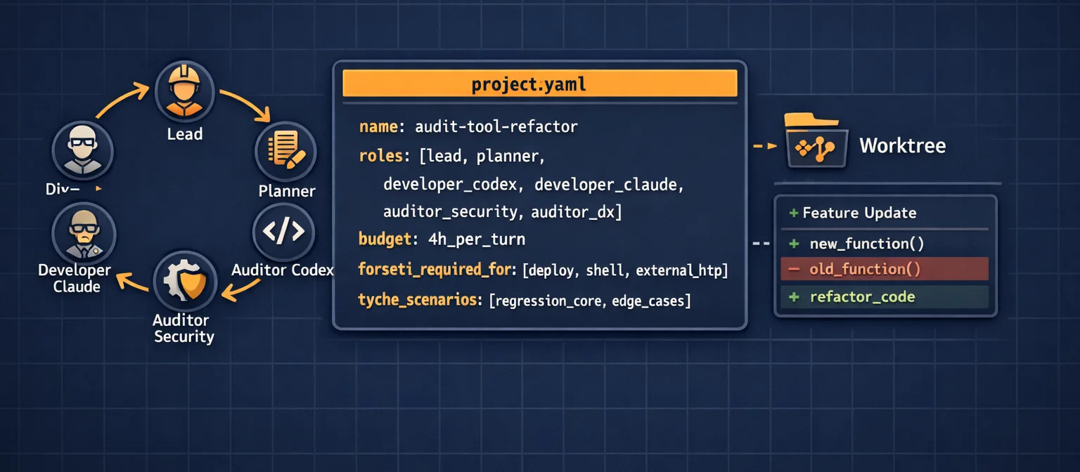 Horizontal illustration on dark navy background, 640x280px. CENTER: a stylized YAML-style roster card rendered with Valhalla amber accents. Title bar reads "project.yaml". About 12 monospace lines showing: name: audit-tool-refactor, roles: [lead, planner, developer_codex, developer_claude, auditor_security, auditor_dx], budget: 4h_per_turn, forseti_required_for: [deploy, shell, external_http], tyche_scenarios: [regression_core, edge_cases]. LEFT of the card: 6 small role-avatar circles labeled with their role names, arranged in a circular "taking turns" arrangement with thin amber arrows showing rotation. RIGHT of the card: a small git-worktree icon and a diff preview strip, showing that each developer produces an isolated diff. Style: clean vector, monospace code, Valhalla amber accents, dark grid backdrop, config-driven feel.