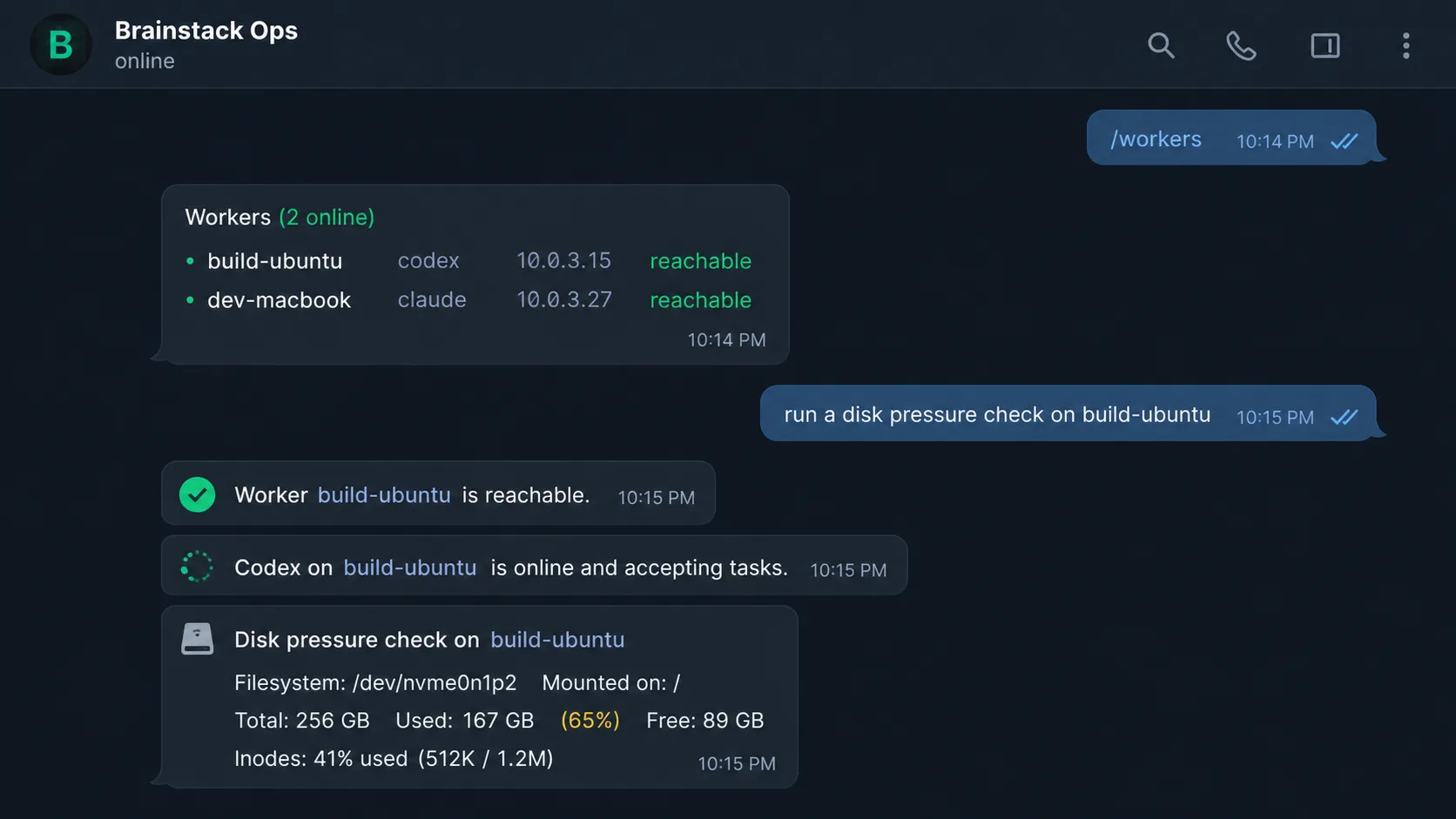 Telegram-style dark topic showing slash commands, worker status, a Codex working state, and a final disk pressure summary.